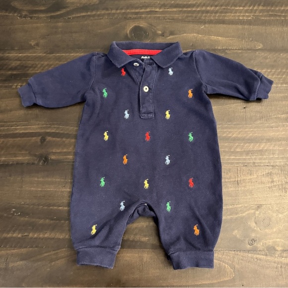 Ralph Lauren Baby Boys Polo Onesie Size 3M Navy Multi-Color Pony Embroidered - Picture 2 of 4